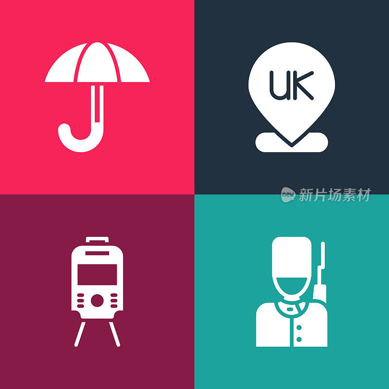 Set pop art British soldier, Tram and railway, Location England and Umbrella icon. Vector